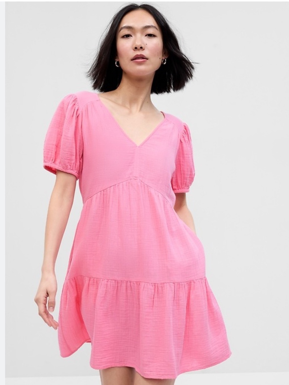 GAP Crinkle Gauze Puff Sleeve Tiered Mini Dress - M